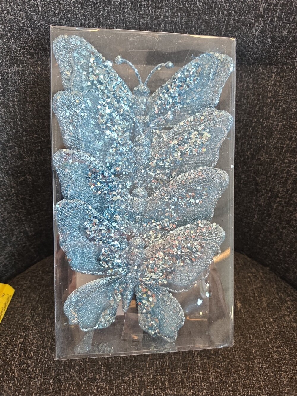 NIP Clip On Glitter Blue Butterflies Christmas Tree Decoration Ornament Pretty!